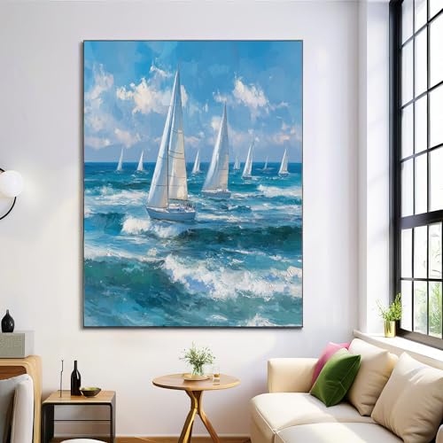 Cuadro de lienzo de velero y olas, arte de pared abstracto para sala de estar