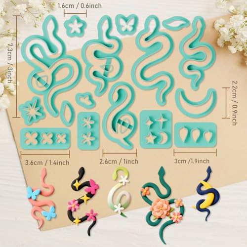 Image of ORIGACH 16 Pcs Snake Polymer Clay Cutters Set | Snake Flower Star Shape Clay Cutters for Polymer Clay Jewelry Earrings with a Clear Storage Box