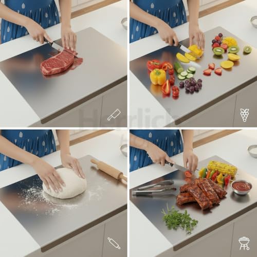 Image of Stainless Steel Chopping Board for Kitchen | Free Rollin Pin | Heavy Duty Chopping-Board | for Cutting Vegetable, Meat, Fruits | Durable | Non Slip | Rust Proof | Round Edge | Medium | 42 x 32 cm