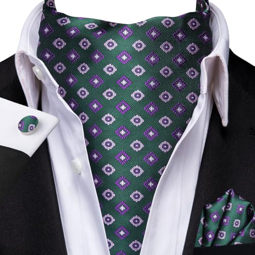 Image of Hi-Tie Silk Ascot for Men Self Tie Men's Cravat and Flower Lapel Pin Handkerchief Cufflinks Set for Wedding Party