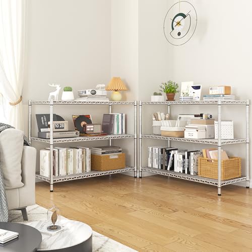 Image of 3- Shelf Metal Shelving Unit 35.6Wx14Dx36H,Adjustable Storage Shelves Heavy Duty Garage Steel Shelving for Office,Wire Rack Small Shelf for Kitchen Shelves Laundry Bathroom Pantry Closet,Chrome,2pc