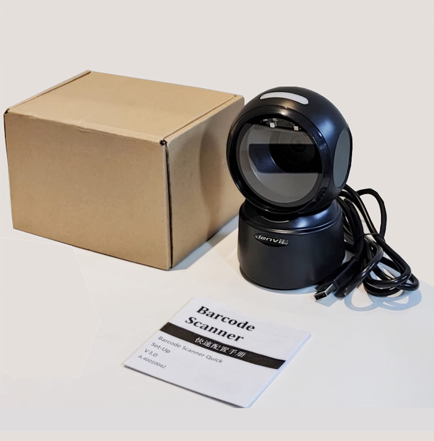 LENVII 1D 2D QR Escáner De Códigos De Barras De Escritorio Omnidireccional Lector De Código De Barras USB Barcode Scanner Manos Libres con Detección Automática Admite Escaneo de Pantalla para