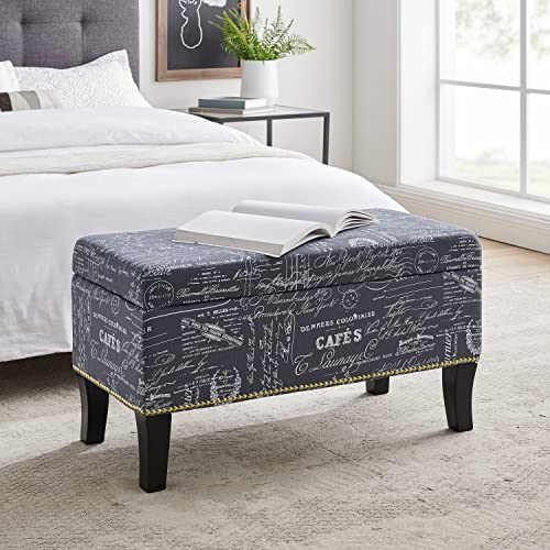 Linon Stephanie Script Linen Ottoman, 32"W X 16"D X 18"H, Gray/Black #TOP1