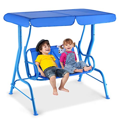 HONEY JOY Kids Patio Swing 2 Seater Outdoor Porch Swing Lounge Chair WCanopy Safety Belt All Weather Resistant Waterproof Hanging Swing Bench for Patio Garden Poolside BalconyBlue Puppy