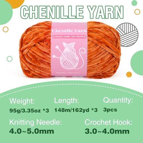 Image of LUNARM Chenille Yarn for Crochet Knitting Chunky Blanket Velvet Yarn | 3 Pack 3.5oz /100g 486 Yard Orange Chenille Yarn for Beginners Knitting Scarves with Big Eye Needles Machine Washable