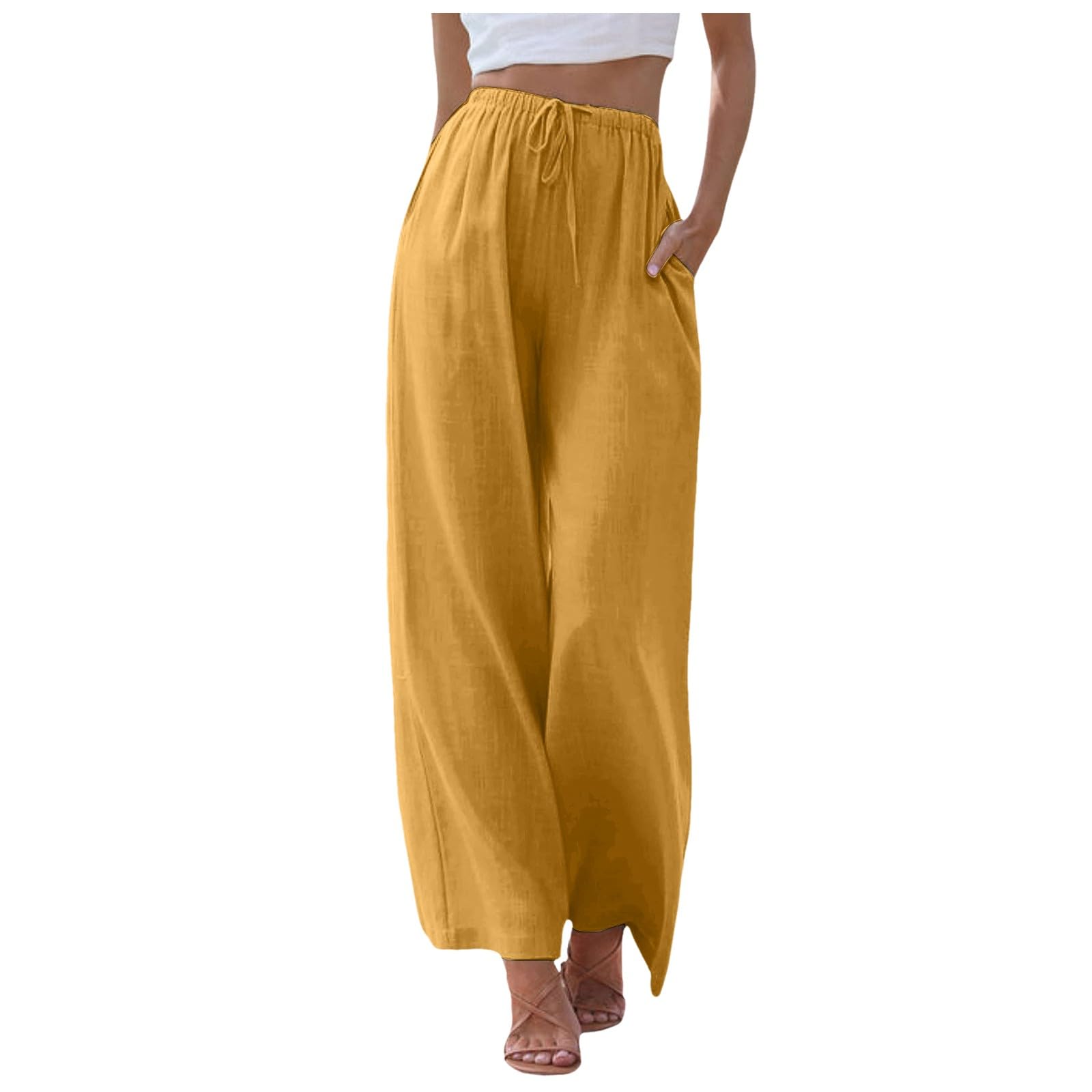 Flowy Wide Leg Linen Pants Women Cotton Summer Palazzo Boho Straight Leg Pants Lightweight Baggy Beach Casual Comfy