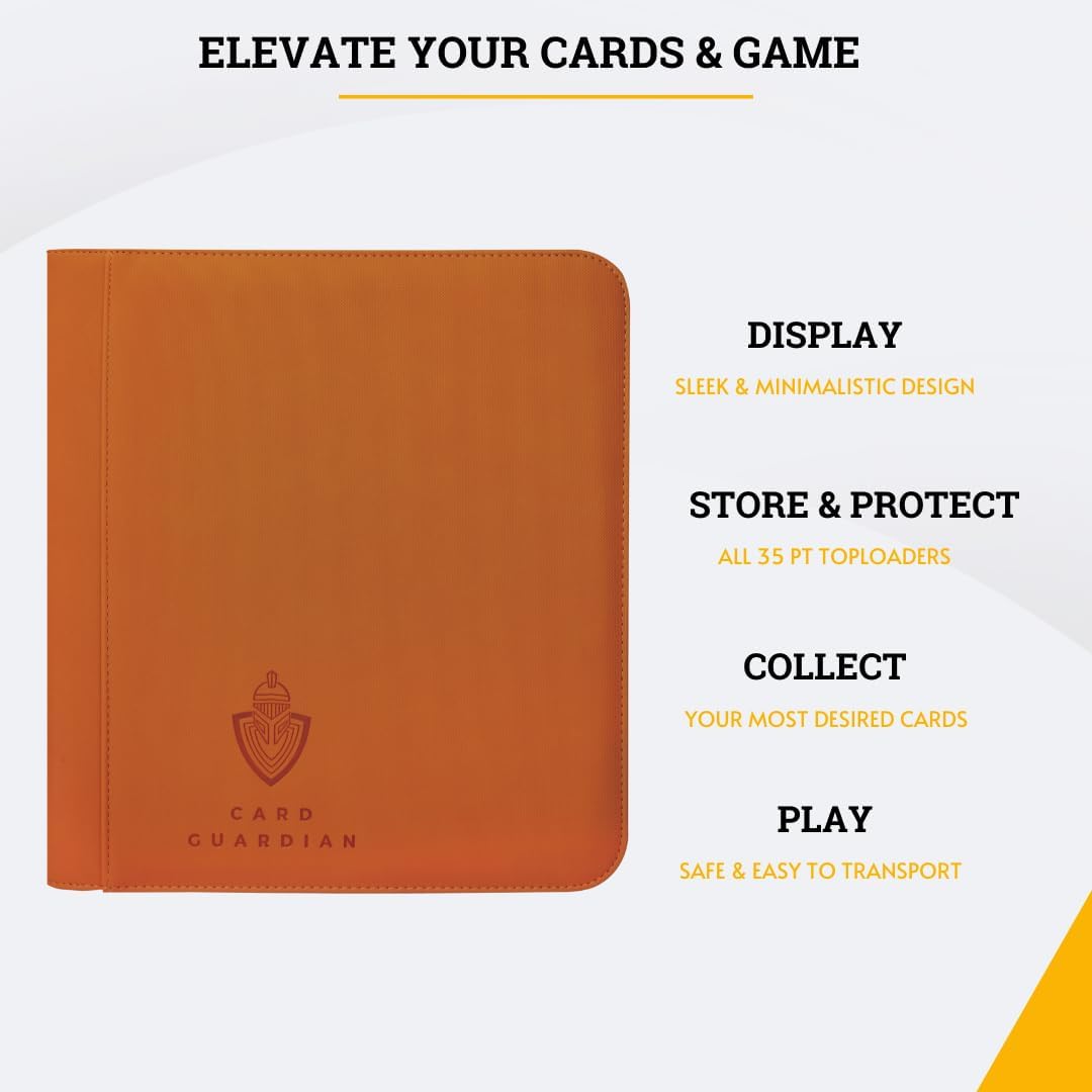 Card Guardian - Toploader 4 Pocket Premium Binder with Zipper for 160 Cards - Side Loaded Pockets - Compatible with Sports and Trading Cards TCG (Orange)