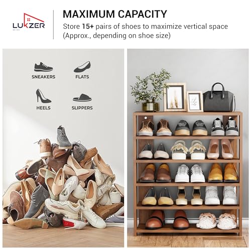 Image of Lukzer 5-Tier Wooden Shoe Rack | Multipurpose Storage Shelf for Shoes, Handbags, Showcase & Accessories | SR-002 /Oak Brown | Engineered Wood Footware Stand for Entryway & Living Room (80x70x27cm)