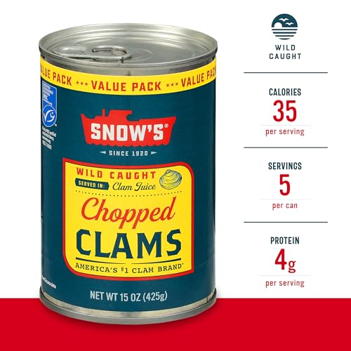 Image of Snow's Wild Caught Chopped Clams Canned, 15 oz Can (Pack of 12) - Served in Clam Juice - 4g Protein Per Serving - Gluten Free, Keto Friendly, 99% Fat Free