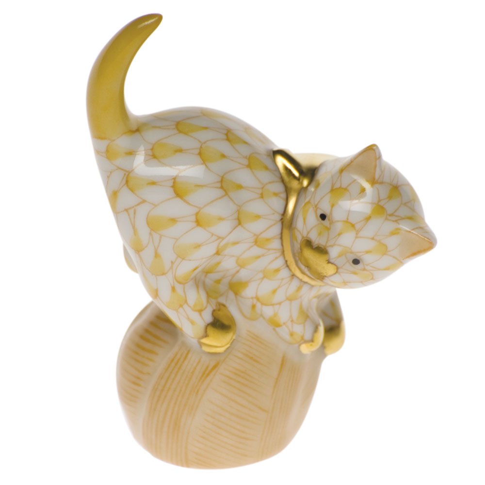 ヘレンド　フィギュリン　玉乗りねこ ト足】Herend ヘレンド Mischievous Cat Blue 玉乗り猫 陶磁器