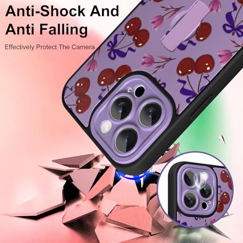 ZIYE for iPhone 16 Pro Case with Finger Strap Holder, Cute Cherry Bowknot Bow Flower Pattern Design for Women Girls, Shockproof Anti Scratch Hand Kickstand Protective Cover, Purple by ZIYE - Image 5