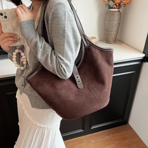 Image of Brown Suede Tote Bag for Women Trendy Hobo Bag Bucket Tote Bag Work Hobo Handbags