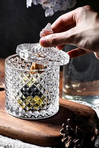 Image of bellemax Box Pattern Crystal Candy Jar with Lid | Decorative Glass Storage Container for Candy, Chocolates, Cookies, Dry Fruits & Snacks | Elegant Crystal Cut Design for Home Kitchen (Pack of 1)