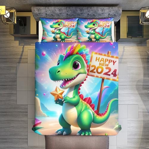 Housse de couette dinosaure parure de lit 3 pièces microfibre douce 220x240cm