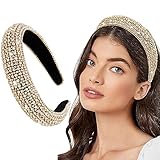 Wecoe 1pc Rhinestone Headband Women Girls Thick Padded Headband Bling Glitter Sparkly Gold Diamond Head Band Fashion Hairband Holiday Formal Homecoming Hair Accessories For Women Girls Gifts