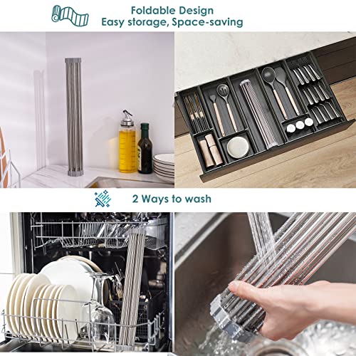 Tomorotec Roll Up Dish Drying Rack Over The Sink Grey Large Dish Drying Rack Rolling Foldable Collapsible Sus304 Stainless Steel Multipurpose Dish Drainer For Kitchen Counter (17.8”X15.7”) #TOP6