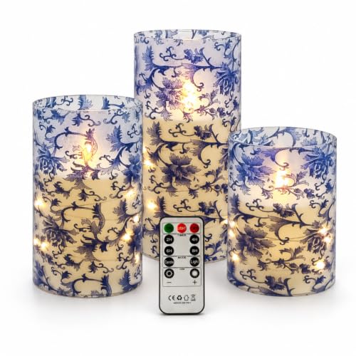 Image of Blue and White Flameless Pillar Candles, 3 Pack, Remote Timer
