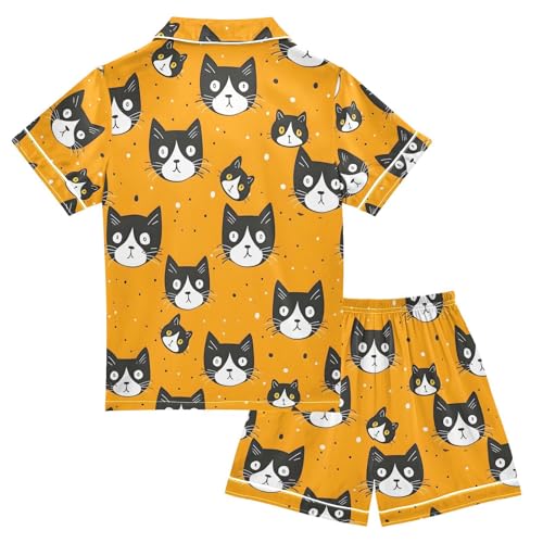 ALAZA Cat Cartoon Orange Pajamas Satin Pajama Set Short Sleeve Button Down Sleepwear2