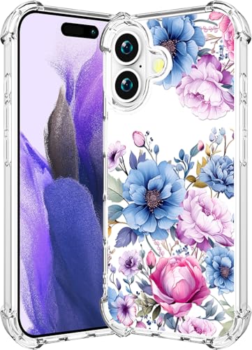 Coque iPhone 17 transparente fleurs aquarelle bleue antichoc et mignonne pour femme