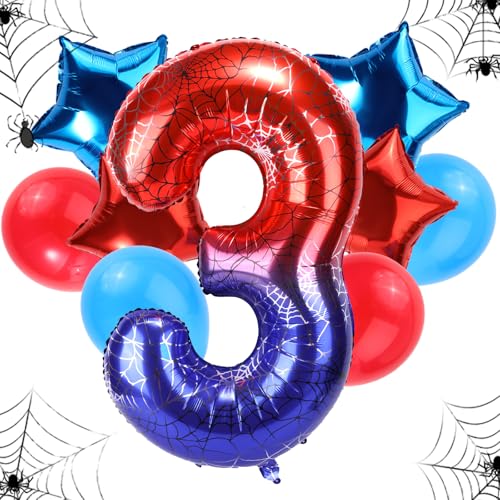 Globos Cumpleaños Temática Araña, Telaraña Gigante Aluminio 120cm 4uds Estrellas y 4uds Globos Redondos Rojos Azules Decoraciones y Recuerdos Fiestas Cumpleaños Dibujos Animados(Número 3)
