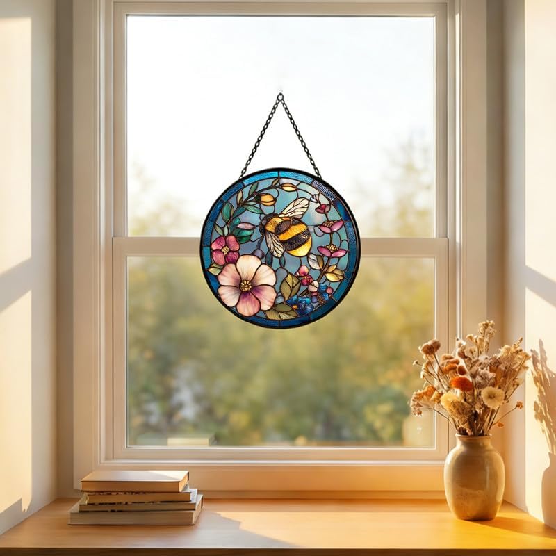 Stained Glass Window Hanging Suncatcher 11.8 in Bee and Floral Colorful Glass Panel Sun Catcher for Window， Window Hanging Decor for Home， Housewarming Gift066