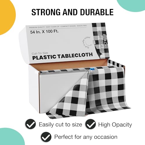 Image of Party Solids 54 Inch X 100 Feet Black Gingham Plastic Table Cover Roll in A Cut - to - Size Box with Convenient Slide Cutter. Cuts Up to 12 Rectangle 8 Feet Plastic Disposable Tablecloths