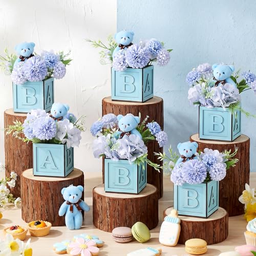 Novabright 6 Set We Can Bearly Wait Baby Shower Decorations Blue Baby Shower Table Centerpieces 4.72 Inch Wooden Boxes with Letters, Bears Stuffed Animal, Floral for Gender Reveal Party Decorations