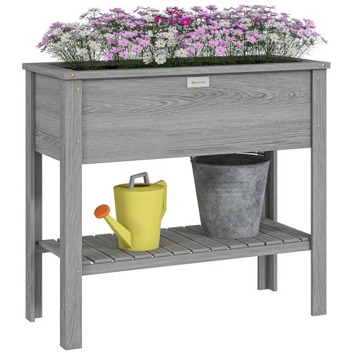 Outsunny Wooden Raised Garden Bed, Elevated Planter Box with Storage Shelf and Drainage Holes, Raised Planter with Legs for Flowers, Vegetables, Herbs, Grey