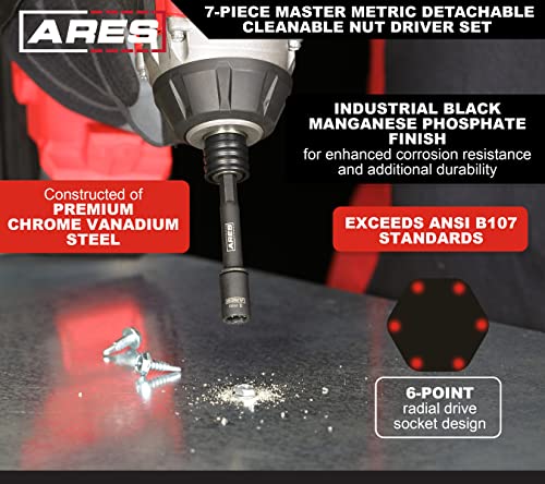 Ares 27087 – Nut Driver Set – Metric Magnetic 7-Piece – Detachable And Cleanable – Radial 6 Point Drive Sockets Load On Flats - Removable Socket Ends For Easy Cleaning – Heavy Duty Cr-V Steel #TOP2