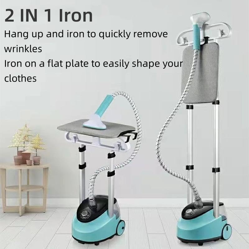 Image of Standing Garment Steamer, 2000W Vertical Clothes Steam Iron Standing Garment Steamer With Height Adjustable Steamer And Built-in Ironing Board, Large Water Tank- Blue Color