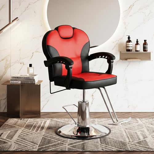 Image of Barber Chair with Heavy Duty Hydraulic Pump, Salon Chair for Hair Stylist, 360 Swivel 90-140 Backrest Reclining Chairs, Portable Height Adjustable Hair Chair for Barbershop (Red-Plain)