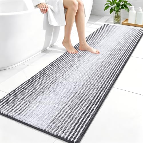 Image of OLANLY Bathroom Runner Rugs 59x20, Extra Soft Absorbent Chenille Striped Bath Rugs, Rubber Backing, Machine Wash Dry, Long Bath Mats for Bathroom, Tub, Shower, Home Decor Accessories, Grey