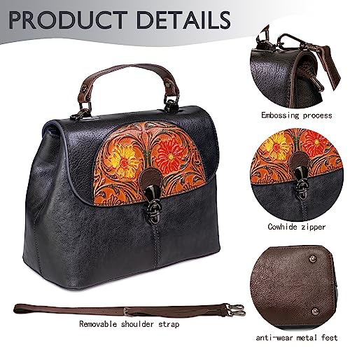 Image of Genuine Leather Satchel for Women Top Handle Bags Handmade Purse Vintage Embossed Leather Crossbody Handbags Hobo Bag