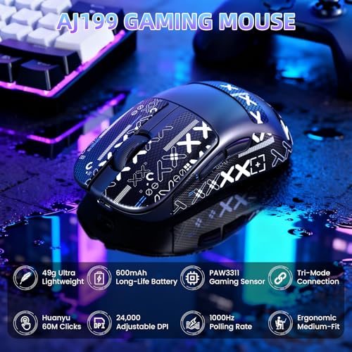 Image of MAGIC-REFINER AJ199 Superlight Wireless Gaming Mouse,BK3633 Tri-Mode BT /2.4G Wireless /Wired Mouse with Grip Tape,24000DPI,1000Hz Polling Rate,600mAh,Med Size,5 Programmable Buttons for Pc /Mac,BlackPRO