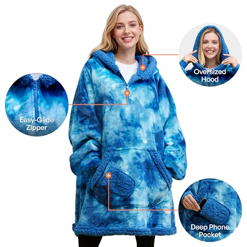 Image of Giggling Getup Wearable Blanket Hoodie for Women Men - Oversized Flannel Sherpa Fleece Sweatshirt Blanket - with Giant Pocket & Sleeves - Cozy Warm Blanket Birthday Gifts for Adults Dark Blue Tie Dye