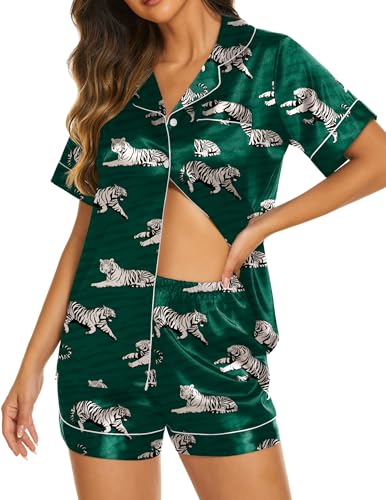 Image of Ekouaer Silk Pajamas for Women Short Sleeve Sleepwear Soft Button Down Loungewear 2 Piece Satin Pjs Shorts Set