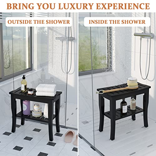 Domax Bamboo Shower Benches For Inside Shower - Bathroom Bench Seat Waterproof Wooden Shower Stool With Storage Shelf For Adults Elderly Seniors Wood Shower Chair For Bathtub Or Small Spaces, Black #TOP2