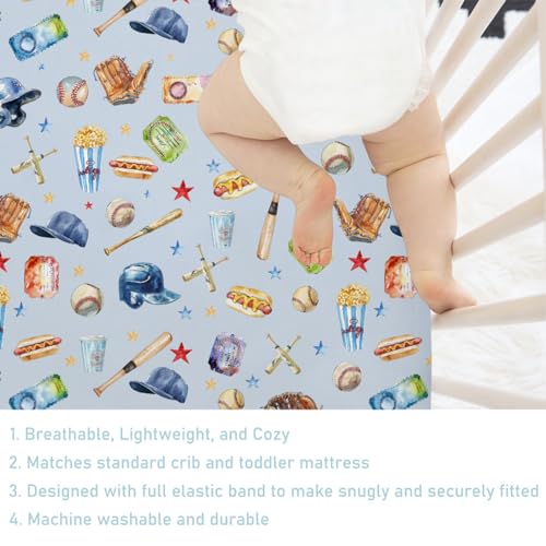 Image of Watercolor Baseball Baby Crib Sheets 52''x28'' Patriotic American Sports Stretchy Fitted Mattress Cover for Boy Girl Outdoor Sports Lovers Soft Baby Sheets for Standard Crib and Toddler Mattress