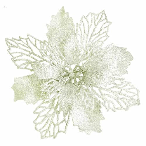 12 Stück Poinsettia Glitzer Weihnachtsstern Blumen, Glitter Weihnachtsbaum Dekoration, Weihnachtsbaumschmuck Ornament, Künstliche Kunstblumen für Tannenbaum Adventskranz Xmas Party(Weiß,16 cm) Cover