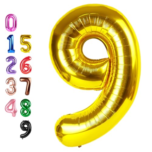 Image of Number Balloons Gold 9 Balloon 40 inch for 9th Birthday Party Decorations | Saturated Color, Large 40 inch, With Straw & Hanging Holes, For Back-To-School Season, Thanksgiving, Christmas, New Year