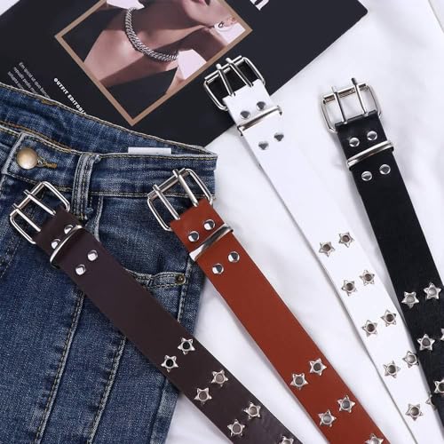 Women Waistband, Double Grommet Star Hole PU Leather Belt, Metal Buckle Belts, Waist Strap Belt Punk Belts for Jeans Dresses4