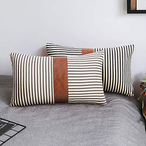 Cygnus 12X20 Inch Lumbar Pillow Covers Farmhouse Decorative Gray Stripe Pillowcase Leather Accent Covers For Couch Sofa Set Of 2,Gray #TOP1