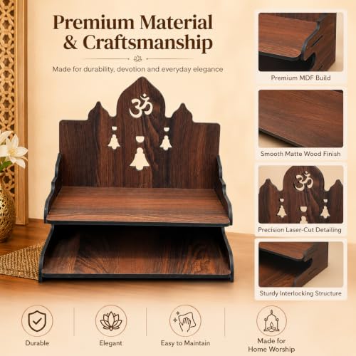 Image of The Castle Decor Wooden Mandir for Home, Wall Hanging & Tabletop Pooja Temple with 2-Tier Storage Shelf, Om & Bell Cutwork, MDF Mandir for Pooja Room, Office & Hostel, 11 x 11 x 10 Inch (Design-4)