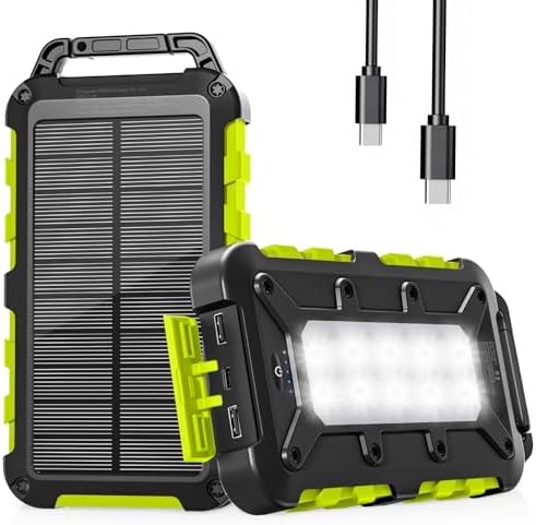 Cargador Solar 10000mAh, Power Bank Solar Batería Externa Portátil PD15W USB C Carga Rápida Impermeable 3 Salidas y 2 Entradas con Linterna LED para Moviles Tabletas Etc.