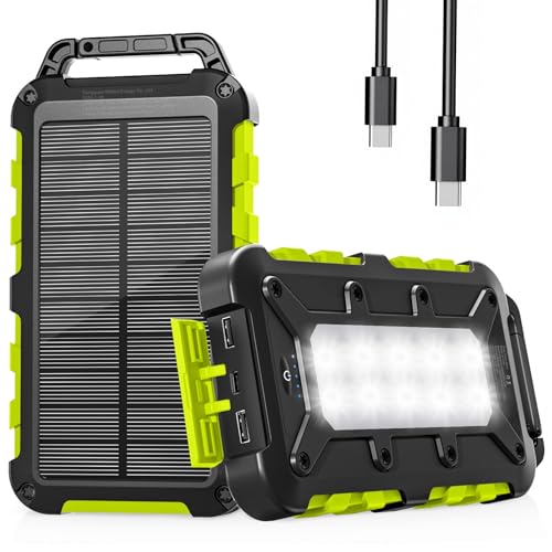WOWMVP Solar Powerbank 10000mAh, PD15W Tragbare Solar Ladegerät USB C Externer Akku Outdoor Wasserdichtes mit LED-Licht und 3 Ausgängen für Smartphones Tablets Camping (10000 Grün)
