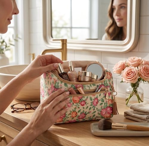 Image of INKULTURE Multicolor Floral Cosmetic Makeup Organizer Bag | Water-Resistant Hanging Toiletry Bag with Hook & Multiple Compartments | Large Travel Storage for Women & Men