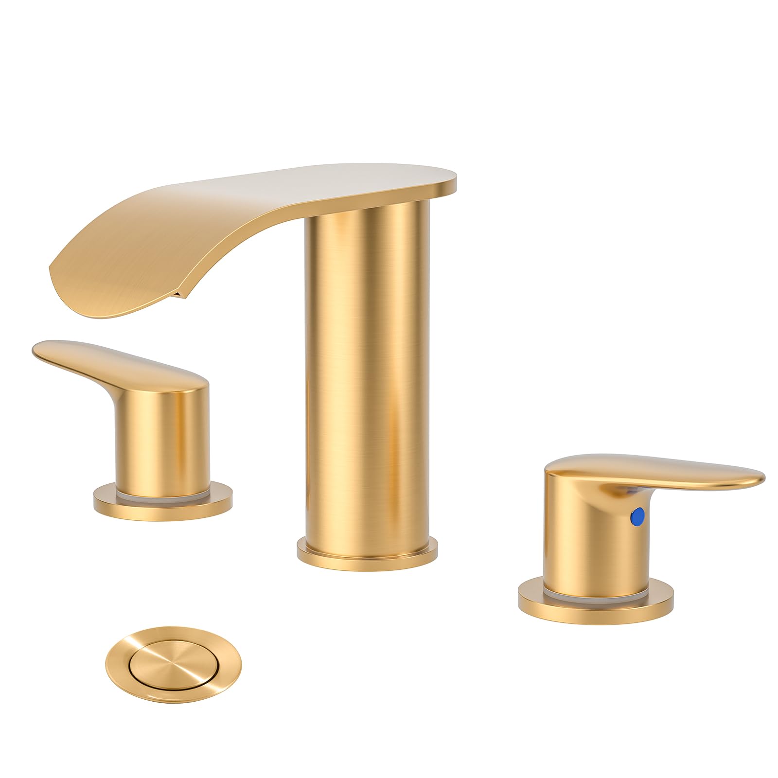 WOWOW Waterfall Bathroom Faucet 3 Holes 8Inch Widespread Bathroom Sink Faucet, Gold Bathroom Faucet Two Handles Lavatory Vanity Sink Faucets with Pop-up Drain & Supply Hoses, Modern Faucet Mixer Taps