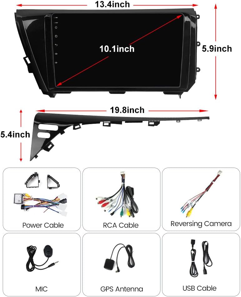 Diagram showing the dimensions of the head unit and all included accessories: Power Cable, RCA Cable, Reversing Camera cable, MIC, GPS Antenna, USB Cable.