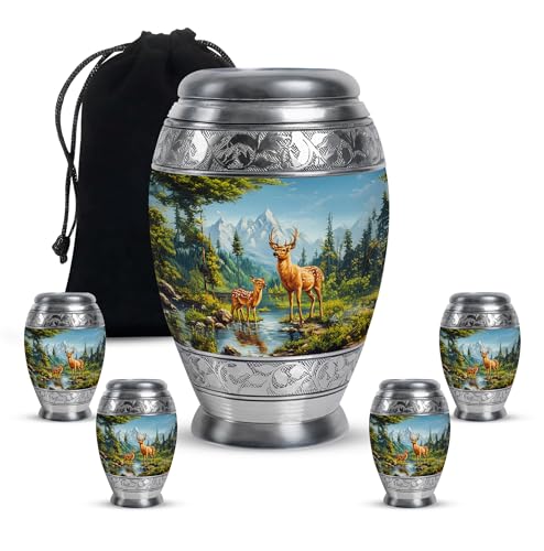 Image of Deer Urn Large Funeral Urns for Human Ashes Adult Man 1 Large & 4 Small | Keepsake Funeral Urn for Mom & Dad, Funeral Decorative Ashes, Memorial for Your Loved One