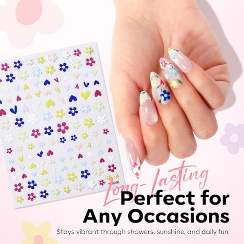 Image of modelones Flower Nail Stickers, 3D Embossed Colorful Floral Daisy Heart Bunny Nails Supplies Flower Nail Art Design for Spring Easter Manicure DIY Nail for Women & Kids 5Pcs
